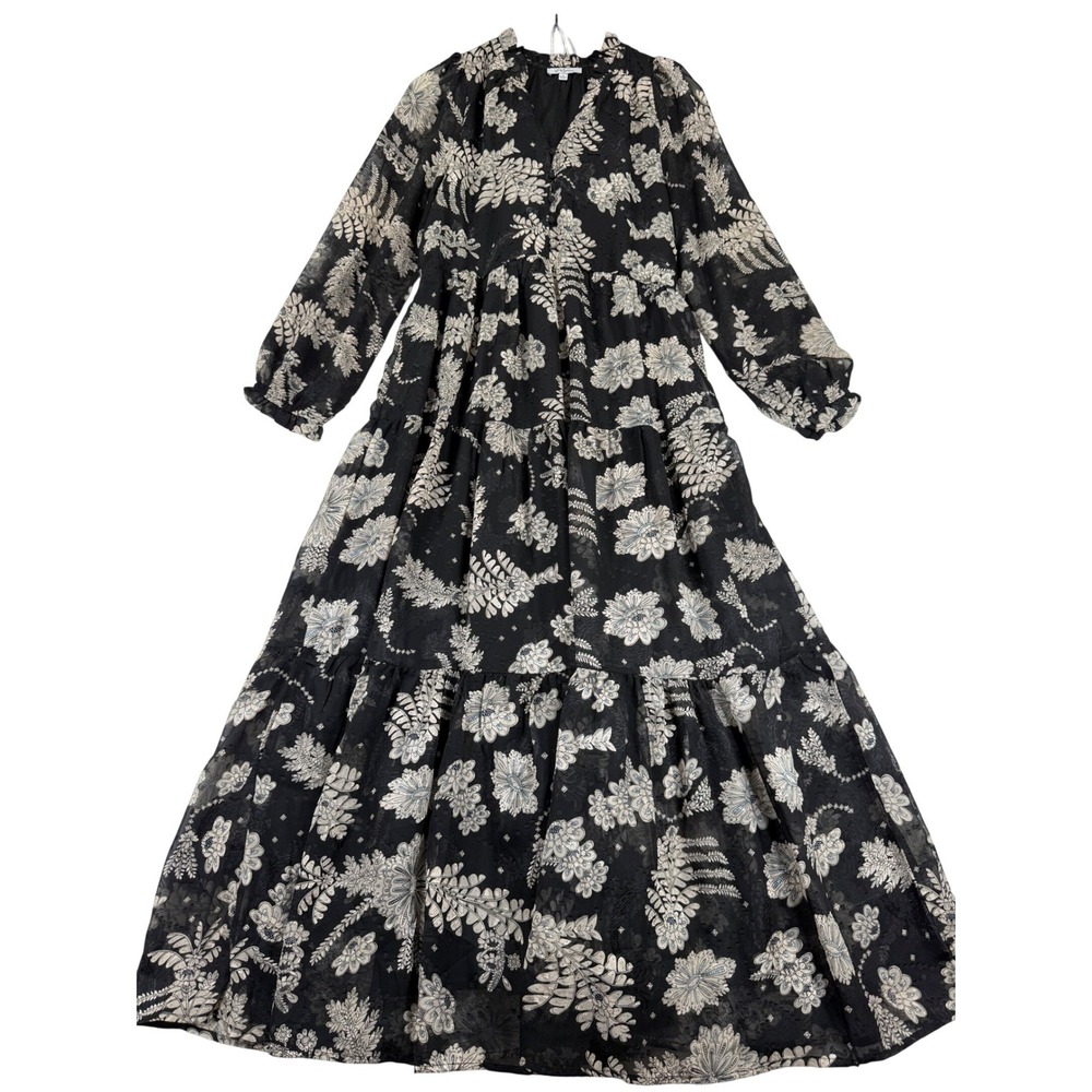 Polagram Black Floral‎ Tiered Maxi Dress Long Sleeve V-Neck Boho PSD3991-A Small